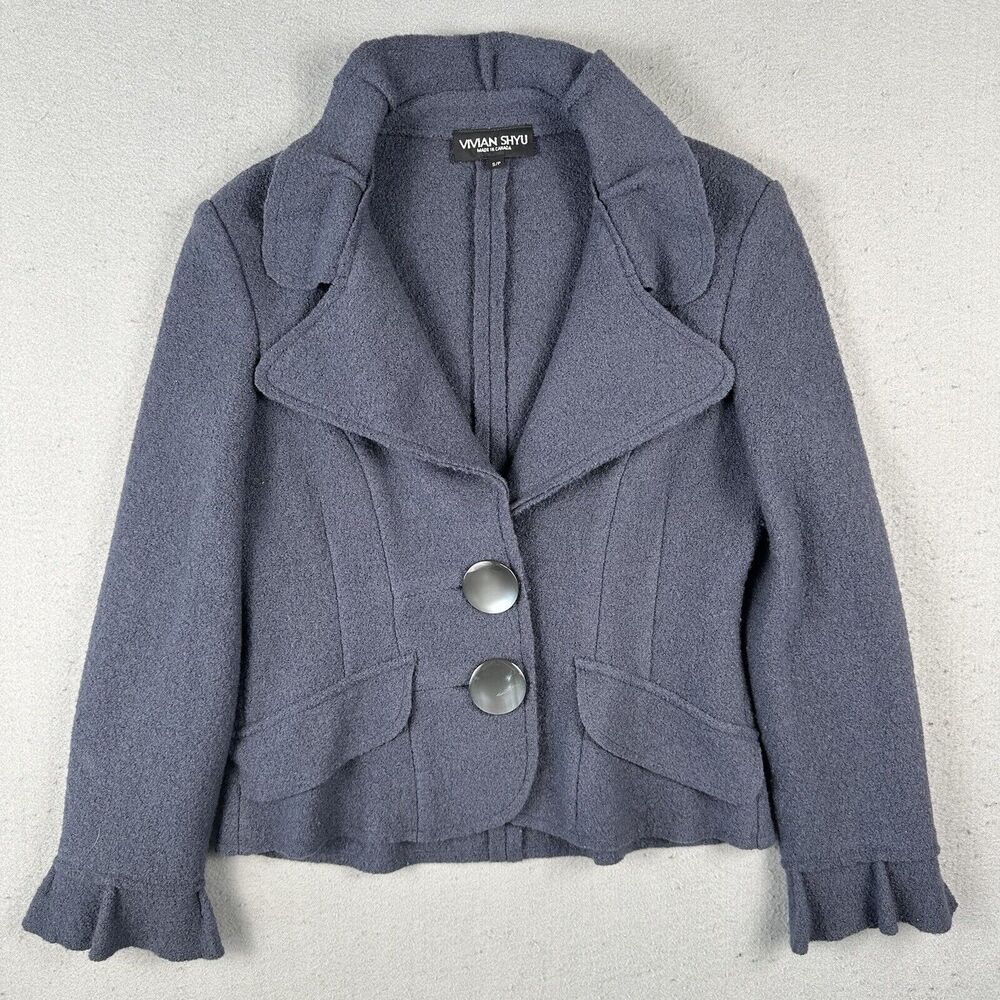 Vivian Shyu Wool Blazer Jacket‎ Women’s Small Navy Blue Ruffle Button Front